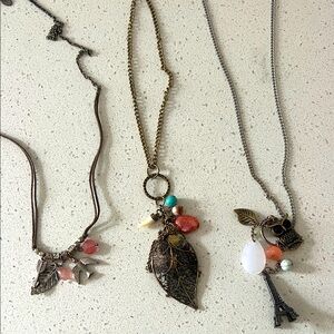 Set of 3 long necklaces - costume jewelers - owls, leaves, Eiffel Tower